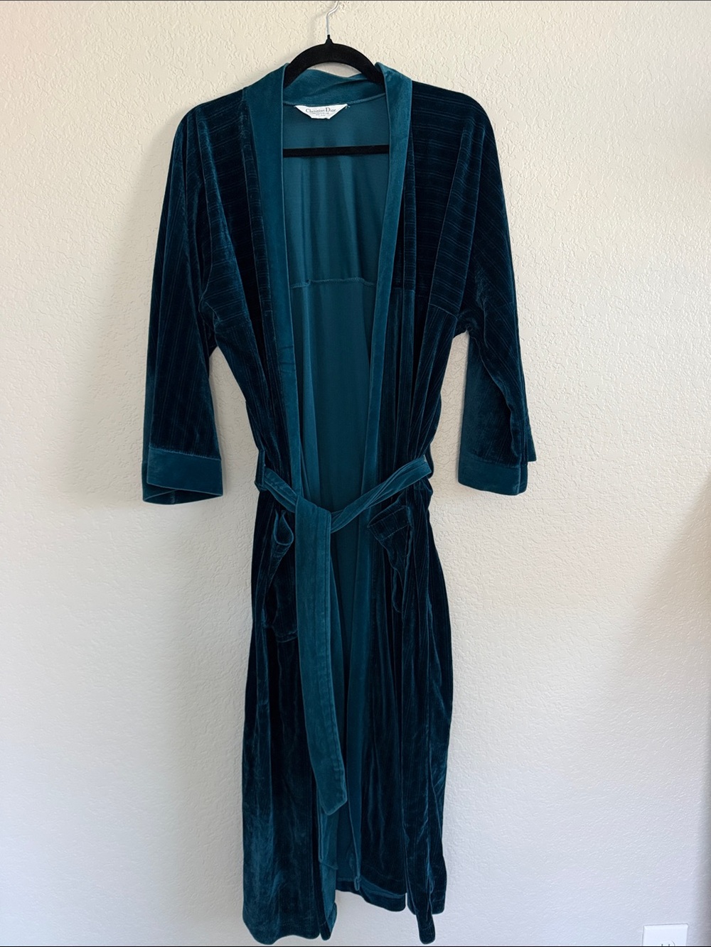 Vintage Christian Dior Monsieur Teal Velour Striped Long Robe. One size